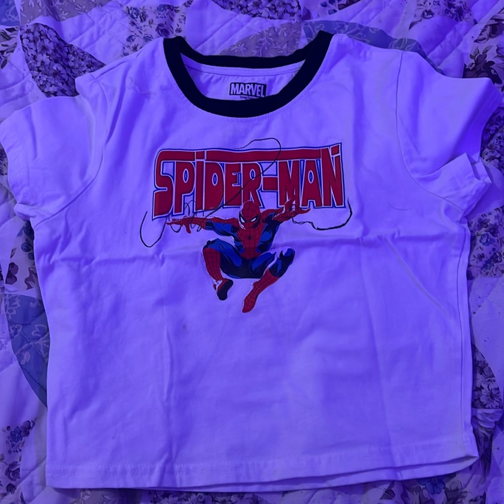 A women white Spider-Man crop top.